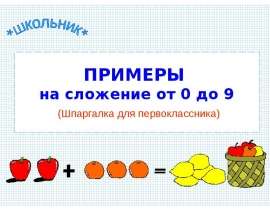 Примеры на сложение от 0 до 9 (шпаргалка для первоклассника)