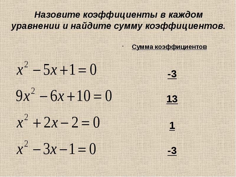 Определите коэффициент уравнения. Сумма коэффициентов квадратного уравнения равна 0. Если сумма коэффициентов квадратного уравнения равна 0. Сумма коэффициентов в квадратном уравнении. Если сумма коэффициентов в квадратном уравнении равна.