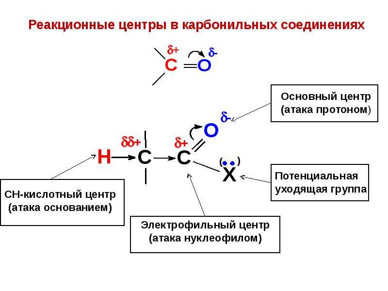 Основный центр. Реакционная способность карбонильных соединений. Реакционные центры карбонильных соединений. Реакционный центр в органической химии. Реакционные центры в органических соединениях.