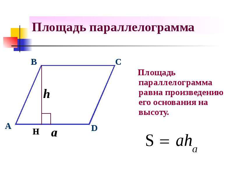Площадь параллелограмма равна произведению его основания. Формула нахождения высоты параллелограмма. Площадь параллелограмма формула 6 класс. Формула площади параллелограмма 8 класс. Формула площади параллелограмма с высотой.