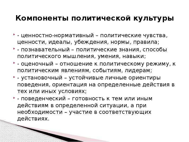 Компоненты политической культуры. Ценностно нормативный компонент политической культуры. Культура это нормативно ценностная. Убеждения идеалы ценности. Политические взгляды нормы отношения.