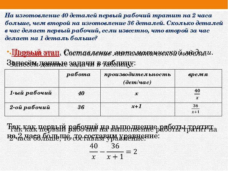 На изготовление 40. Решение задач с помощью дробных уравнений. Решение задач с помощью рациональных уравнений. Решение задач с помощью дробных рациональных уравнений. Решение задач с помощью рациональных уравнений 8.