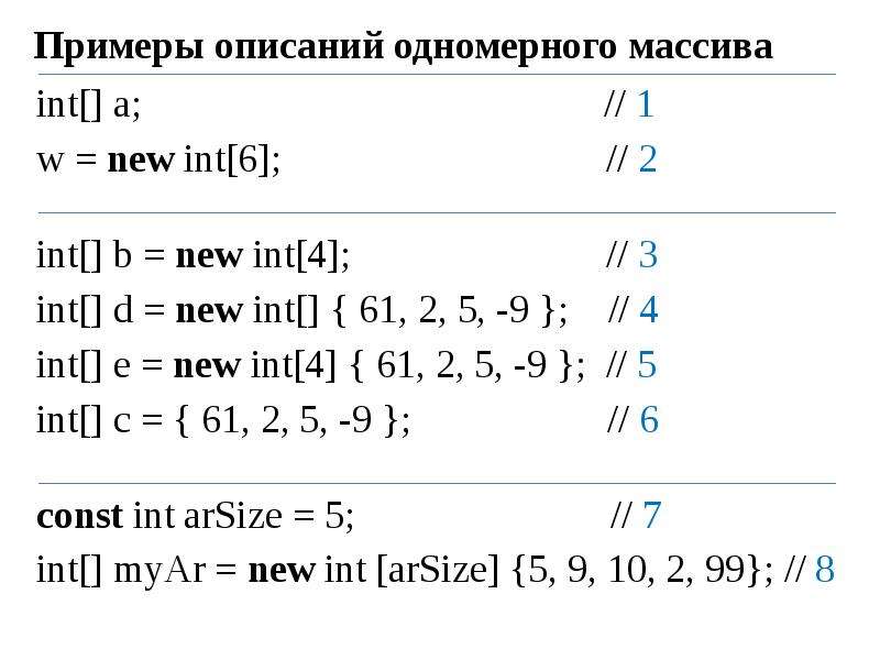 Найти одномерный массив. Пример описания одномерного массива. Ввод и вывод одномерных массивов. Операции над массивами. Примеры описания и ввода-вывода одномерного массива..