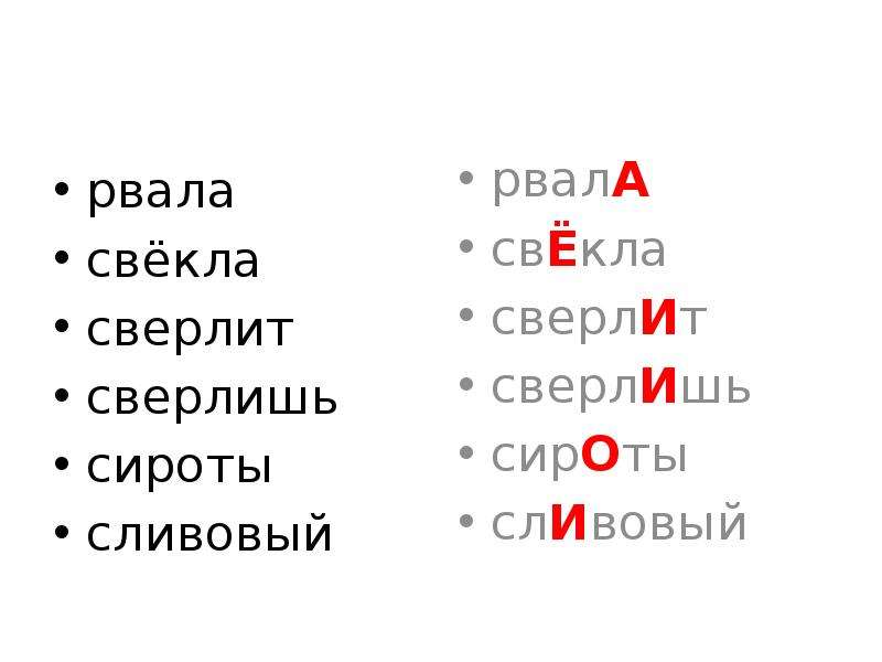 Краны ударение впр. Сверлит ударение. Рвала ударение.