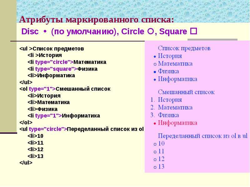 Ли списки. Атрибуты Информатика список. Атрибут это в информатике. Ul Type Square. Ul Type html.