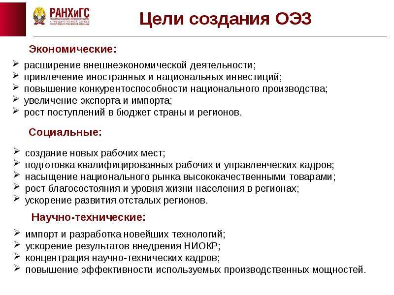 Причины расширения внешнеэкономической деятельности. Цели национального производства. Цели создания ОЭЗ. Цель создания особых экономических зон. Цель создания сайта.