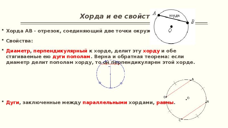 Диаметр делит окружность на две дуги. Окружность отрезки в окружности. Хорда. Хорды заключенные между параллельными хордами равны. Хорда и диаметр.