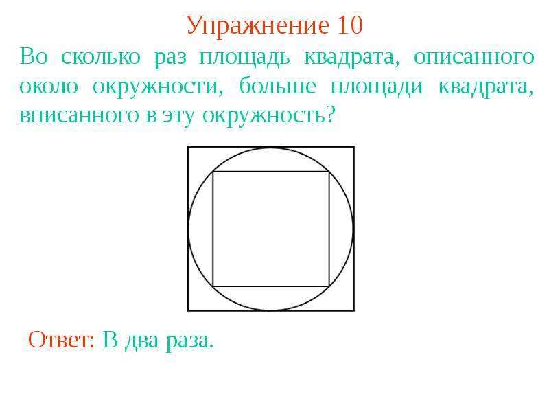 Радиус описанной около квадрата. Окружность описанная около квадрата. Диаметр описанной окружности квадрата. Площадь вписанного квадрата в квадрат. Площадь описанного квадрата.
