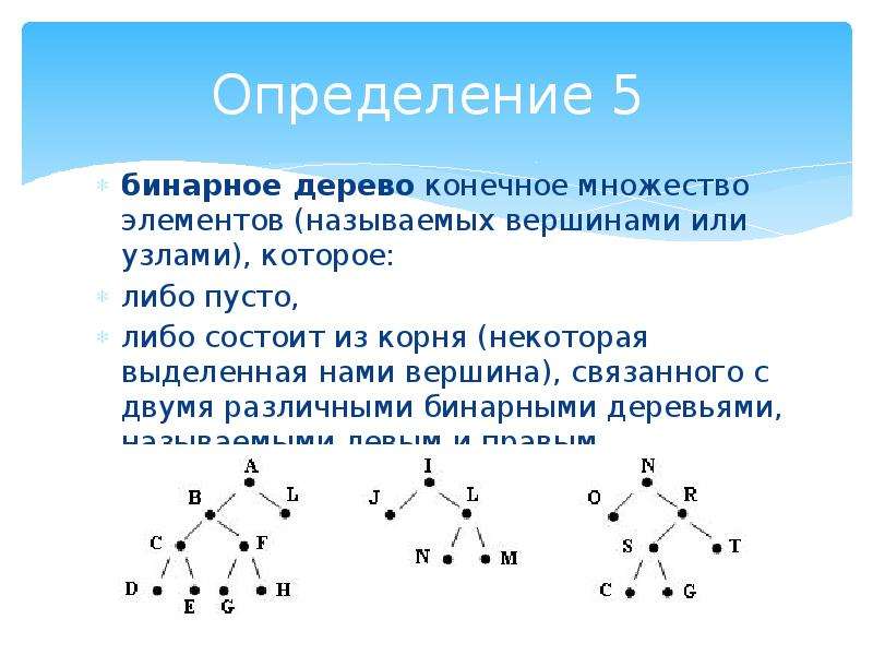 Определение 12. Плюсы бинарного дерева. Элементы бинарного дерева. Вершины бинарного дерева. Корень бинарного дерева.