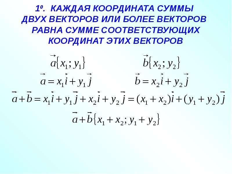 Координаты суммы векторов. Каждая координата суммы двух векторов равна. Сумма координат вектора. Свойства координат вектора. Координаты вектора презентация.