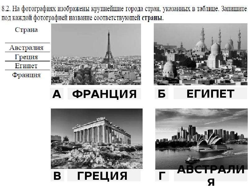 На фотографиях изображены достопримечательности стран указанных в таблице запишите под каждой