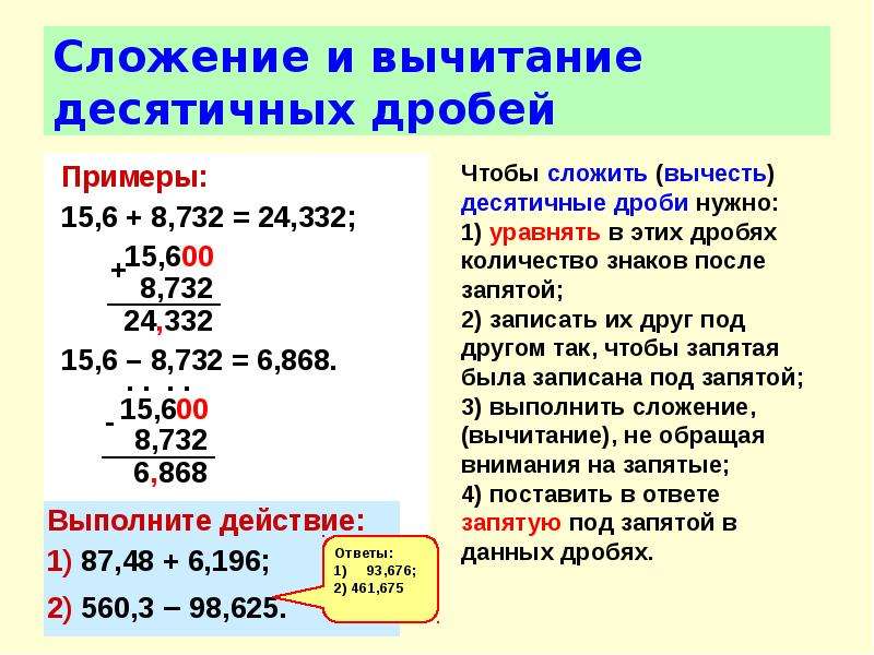 Сложение и вычитание десятичных дробей картинки