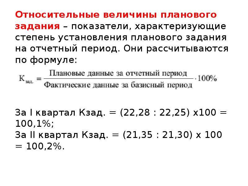 Относительные показатели динамики планового задания и выполнения плана