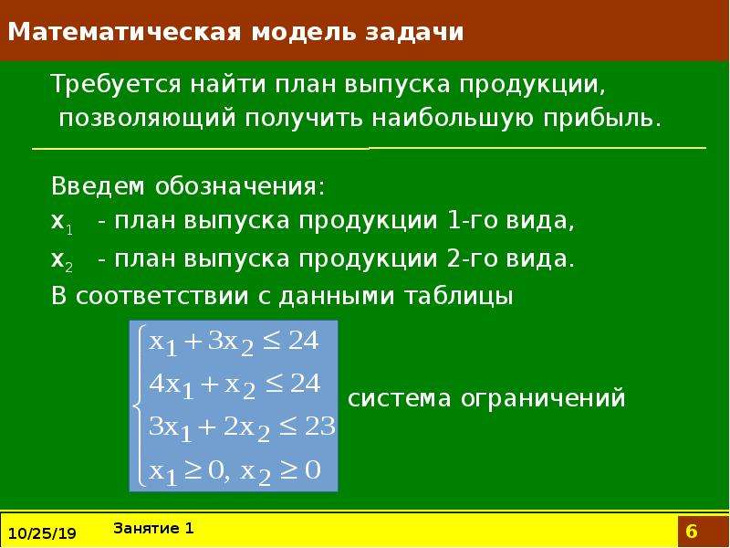 Модель задачи. Математическая модель задачи. Математическая модель ЗЛП.