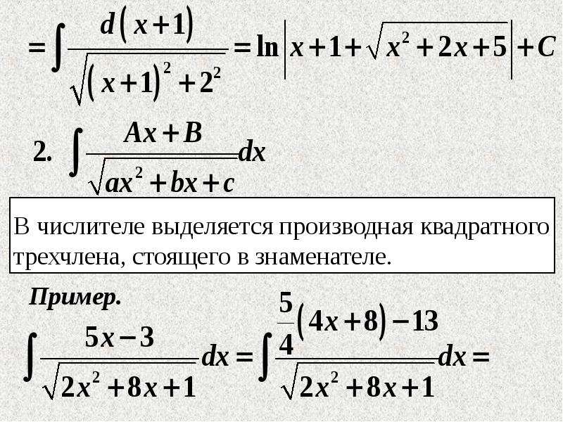 Производная квадрата. Квадрат производной. Интегрирование функций содержащих квадратный трехчлен в знаменателе.