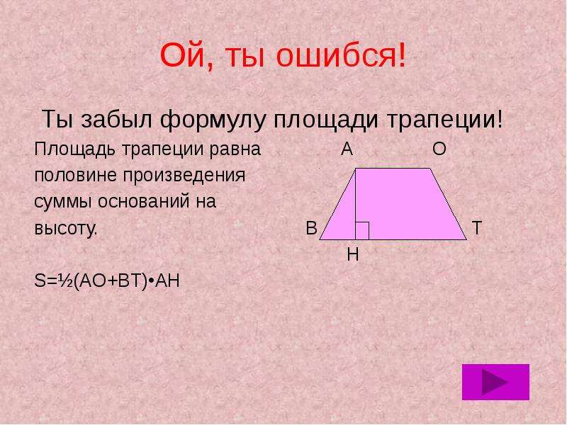 Площадь трапеции произведение основания на высоту. Площадь трапеции. Половина площади трапеции. Площадь трапеции равна произведению суммы оснований на высоту. Площадь трапеции равна половине произведения основания на высоту.