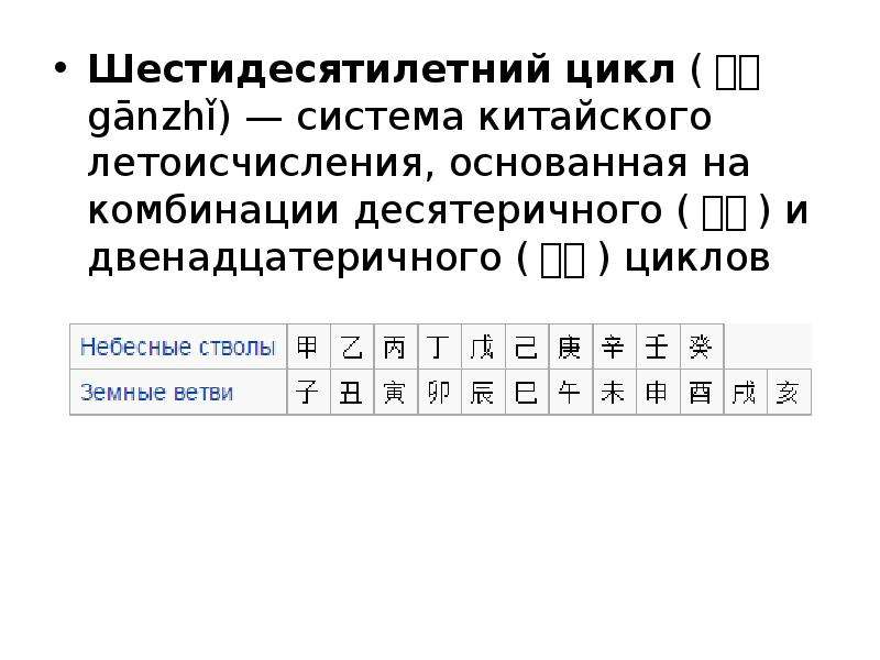 



Шестидесятилетний цикл (干支 gānzhǐ) — система китайского летоисчисления, основанная на комбинации десятеричного (天干) и двенадцатеричного (地支) циклов 
