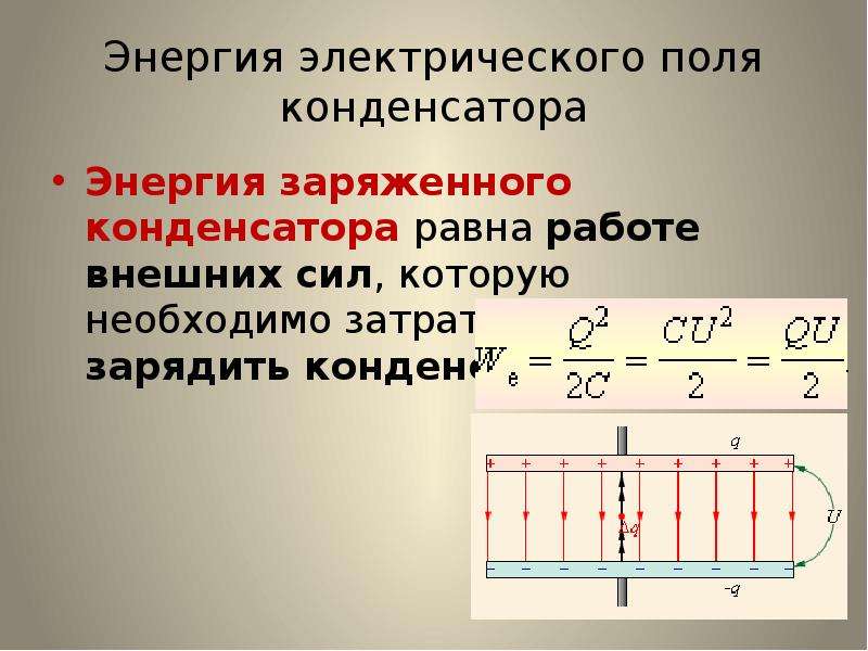 Энергия электрического поля конденсатора Энергия заряженного конденсатора равна работе внешних сил,