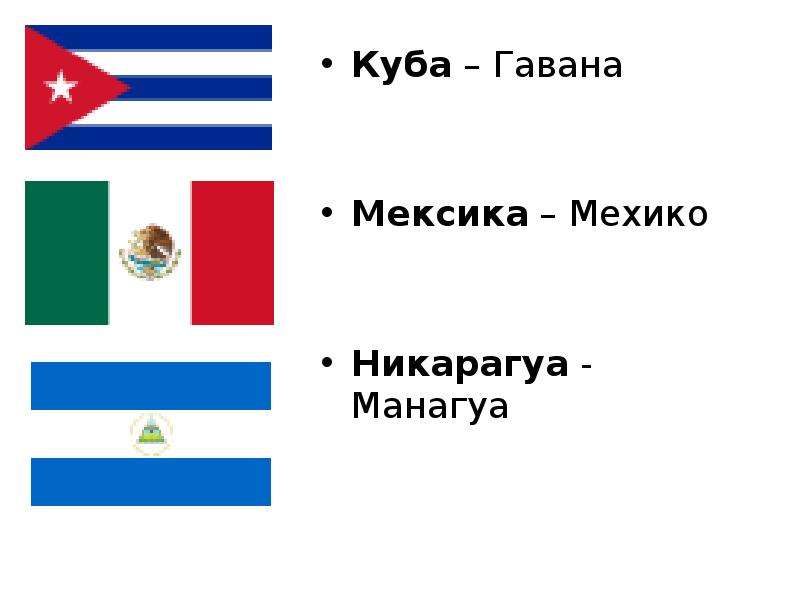 Куба – Гавана Куба – Гавана Мексика – Мехико Никарагуа - Манагуа