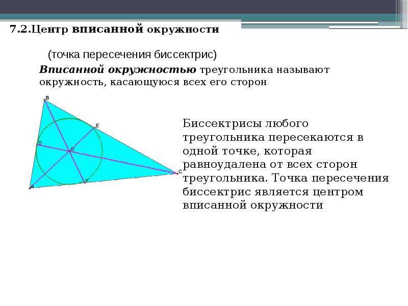 Где лежит центр вписанной в треугольник окружности. Треугольники виды элементы. Центр вписанной окружности треугольника это точка пересечения.