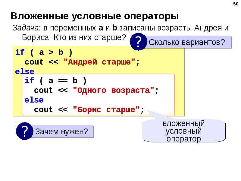 Записать возраст. Вложенные условные операторы. Условный оператор в программировании. Вложенный условный оператор c. Условные операторы c++.