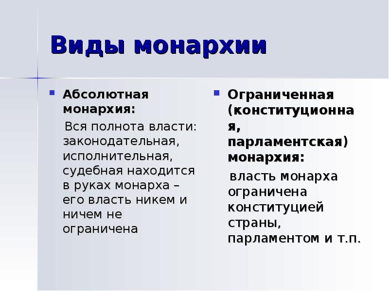 Формы монархии и республики. Законодательная власть абсолютной монархии. Виды конституционной монархии. Ограниченная монархия виды. Виды монархии абсолютная и ограниченная.