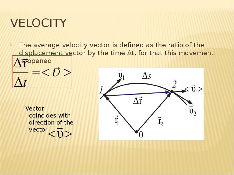 velocity The average velocity vector is defined as the ratio of the displacement vector by the time