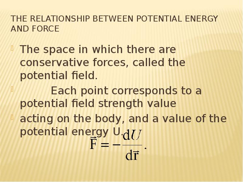 The relationship between potential energy and force The space in which there are conservative forces