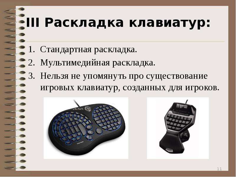  III Раскладка клавиатур: Стандартная раскладка. Мультимедийная раскладка. Нельзя не упомянуть про существование игровых клавиатур, созданных для игроков. 