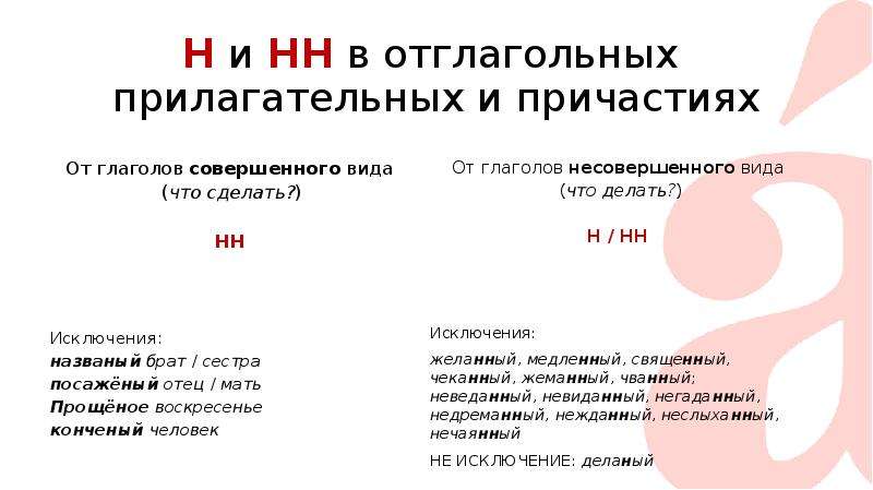 Два отглагольных прилагательных. Отглагольные прилагательные и причастия исключения. Исключения причастий и отглагольных прилагательных. Исключения н и НН В причастиях и отглагольных прилагательных. Исключение отглагольных прилагательных с НН.