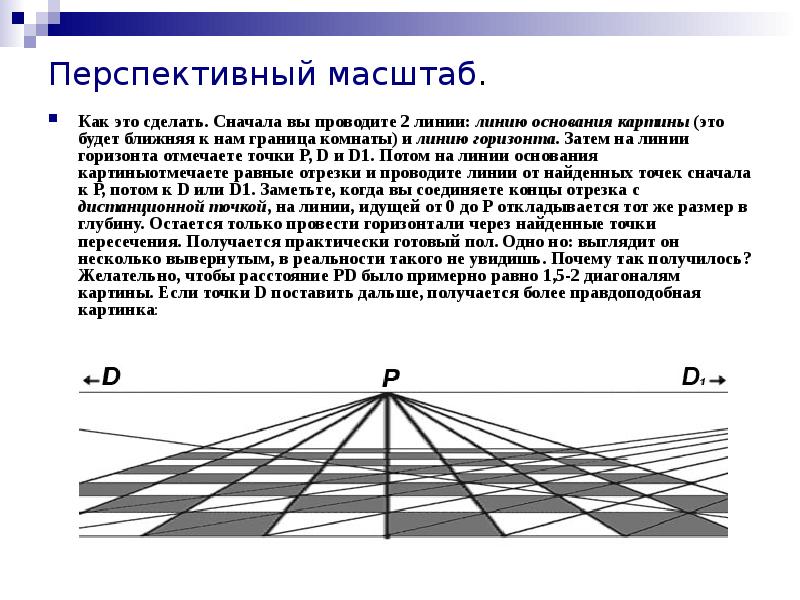 На оси перспективы в основании картины масштаб равен