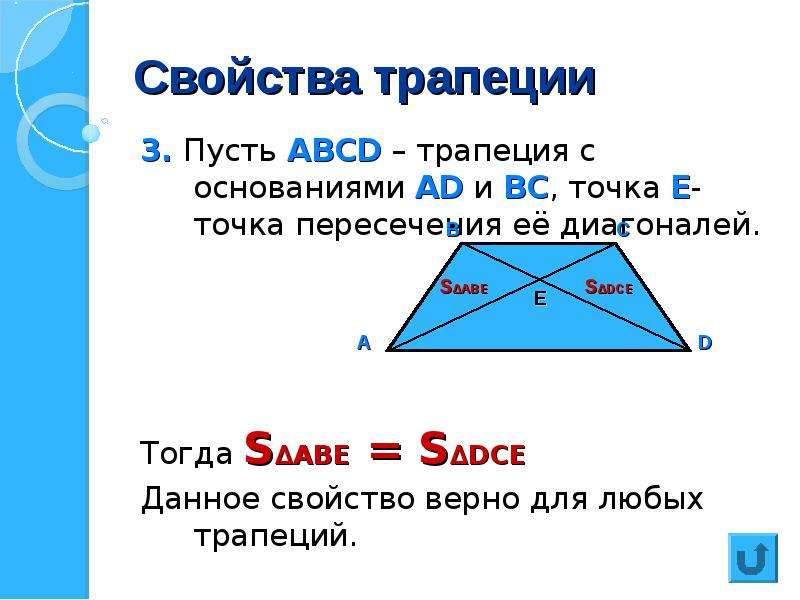 Диагонали трапеции пересекаются и точкой пересечения. Точка пересечения диагоналей трапеции. Пересечение диагоналей в трапеции свойства. Трапеция свойства и признаки 8 класс. Признак трапеции по диагоналям.