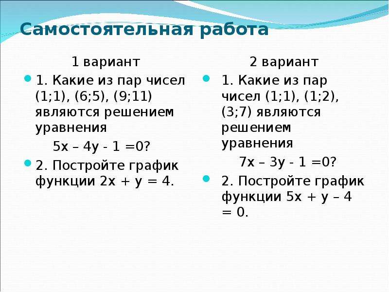 Является пара чисел 1 1. Решение уравнений с 2 переменными. Какие из пар чисел являются решением уравнения. Линейные уравнения самостоятельная работа. Решение уравнений с переменными является.