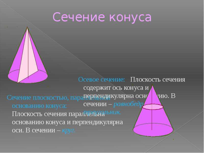 В конусе проведена плоскость. Сечение конуса параллельное основанию. Сечение параллельное оси конуса. Сечение конуса параллельно основанию. Перпендикулярное сечение конуса.