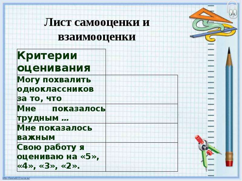 Лист самооценки проект