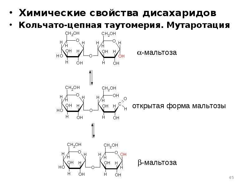Химические свойства дисахаридов Химические свойства дисахаридов Кольчато-цепная таутомерия. Мутарота