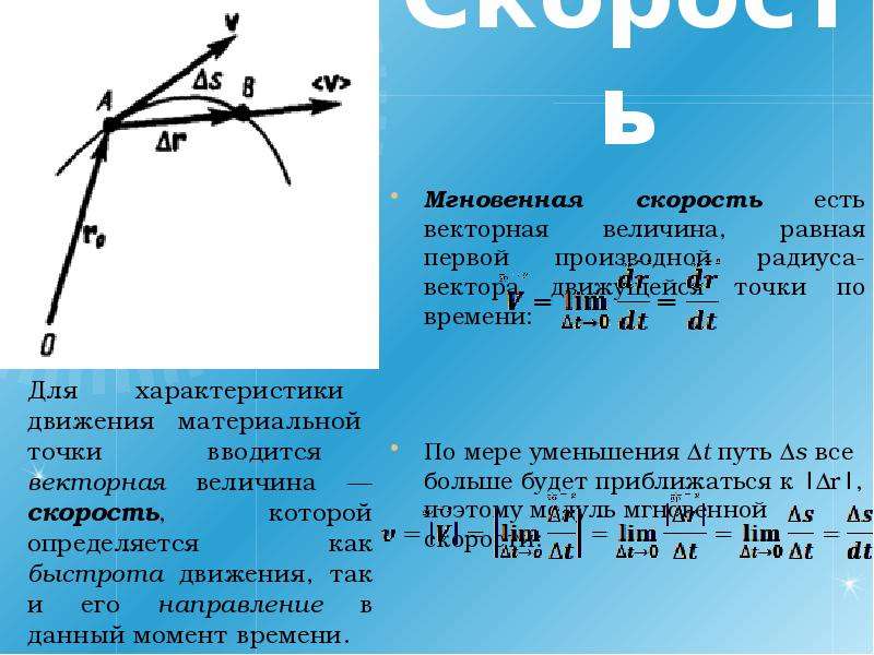 Модуль мгновенной скорости. Мгновенная скорость равна 1 производная вектора. Скорость точки есть первая производная от радиус. Первой производной радиуса вектора движущейся точки по времени. Скорость это производная от радиус вектора по времени.