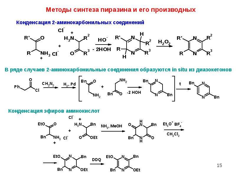 Способы синтеза. Производные пиразина. Реакция конденсации аминокислот. Синтез пиразина. Аминокислоты вступают в реакции конденсации.