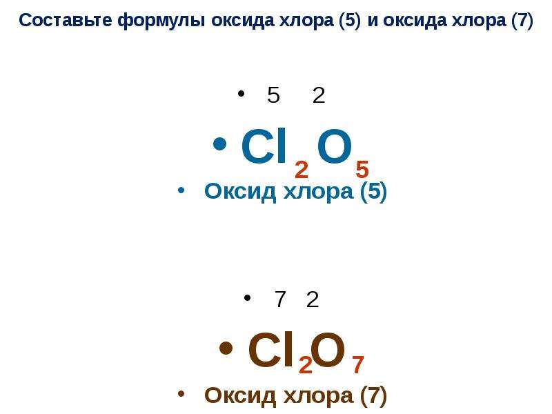 Составьте 5 формул оксидов. Оксид хлора 7 формула.
