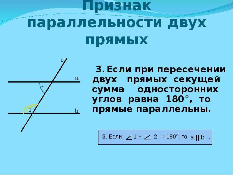 Сумма односторонних углов при параллельных прямых