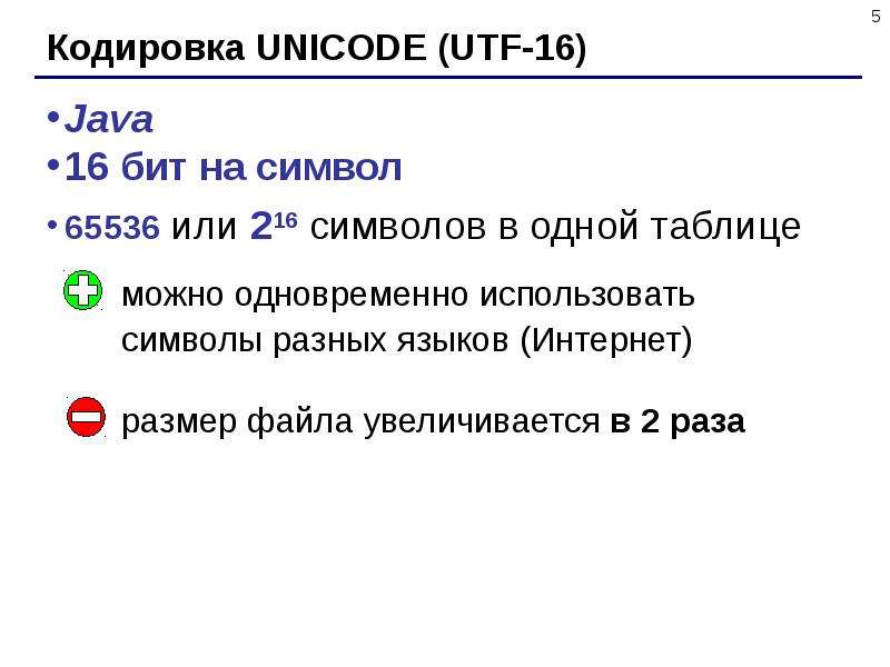 Символ кодируется 16 битами