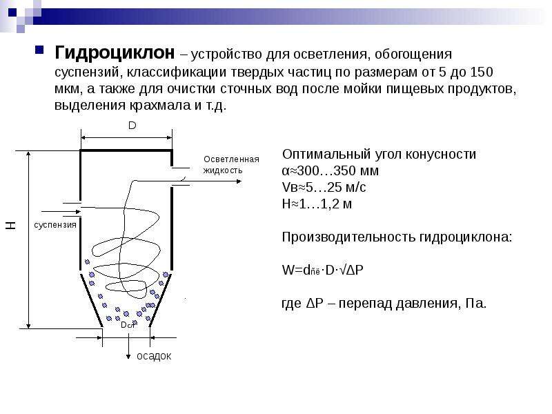 Твердых осадка. Устройства для очистки сточных вод от твердых частиц более 0.25 мм. Гидроциклоны для очистки сточных вод. Гидроциклоны-осветлители. Конструкция гидроциклона.