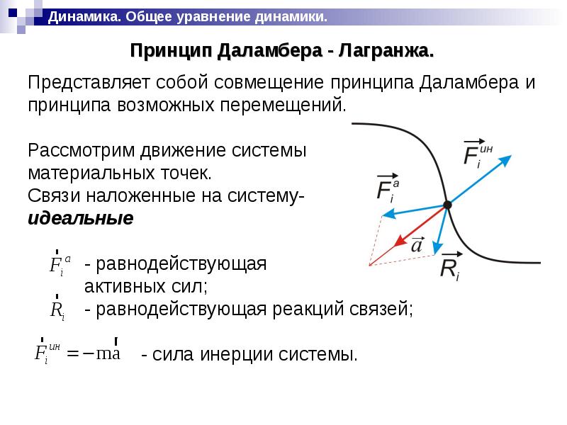 Принципы динамики. Общее уравнение динамики принцип Даламбера-Лагранжа. Принцип Даламбера-Лагранжа (общее уравнение аналитической динамики).. Принцип Даламбера для материальной точки термех. Сформулируйте принцип Даламбера для материальной точки..