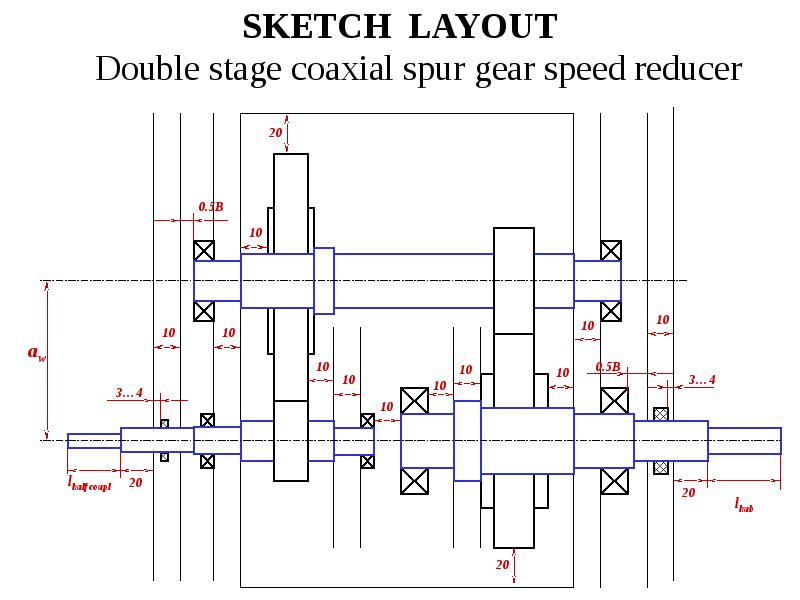 SKETCH LAYOUT Double stage coaxial spur gear speed reducer