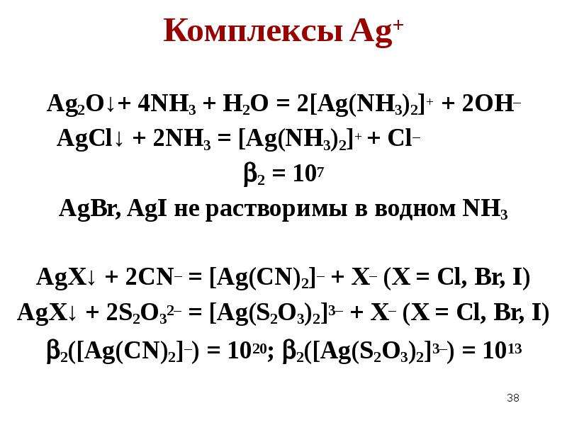 Комплексы Ag+ Ag2O ↓+ 4NH3 + H2O = 2 Ag(NH3)2+ + 2OH-AgCl ↓ + 2NH3 = ...