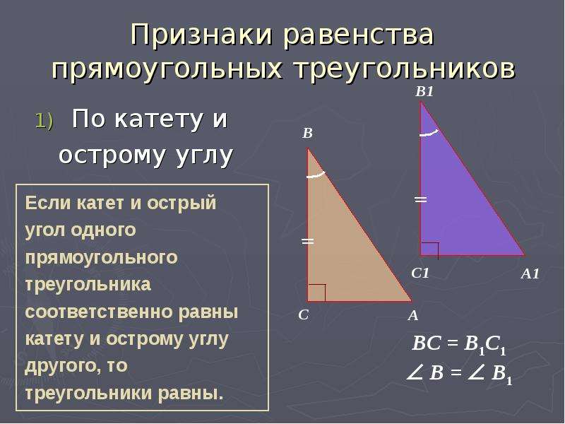 Катеты одного треугольника равны катетам другого