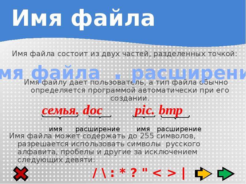 Имя файла состоит из частей. Имя файла не может содержать. Имена файлов не могут содержать. Короткое имя файла состоит из. Имя файла может включать до.