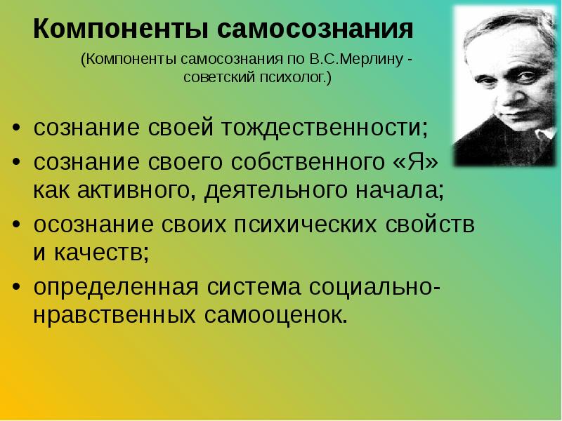 Является самосознание. Компонент самосознания. Компоненты самосознания по Мерлину. Компоненты структуры самосознания. Составляющие элементы самосознания..