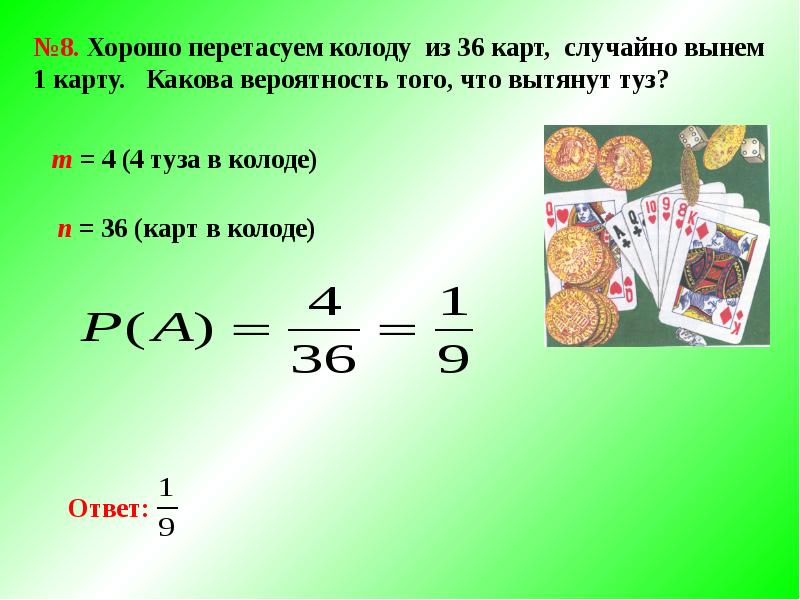 В игральной колоде 36 карт какова вероятность того что взятая наугад карта окажется тузом пиковой