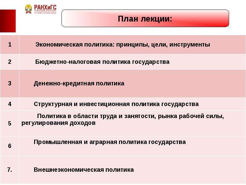 План по теме экономическая политика государства